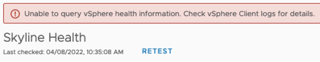 Unable to query vSphere health information. Check vSphere Client logs for&nbsp;details.